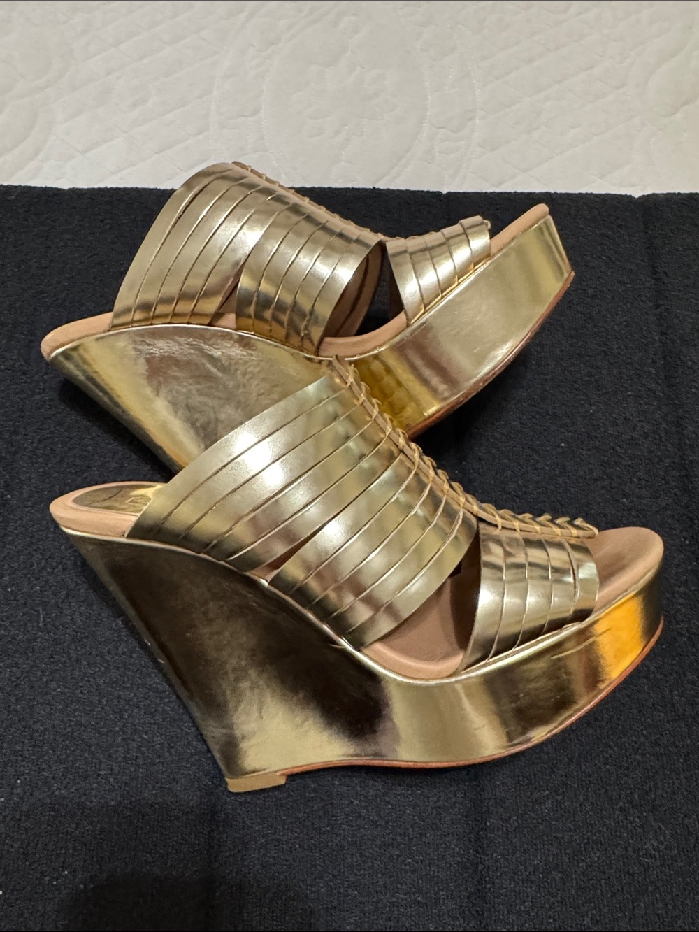 Coach Gold Metallic Wedge Sandals Heels Size 7.5